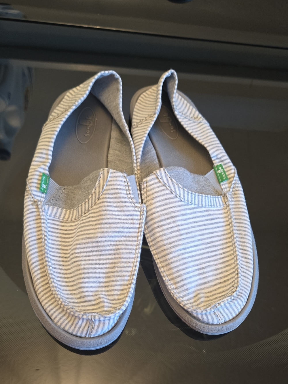 Sanuk Womens Slip-On Striped Canvas Shoes in Gray and White